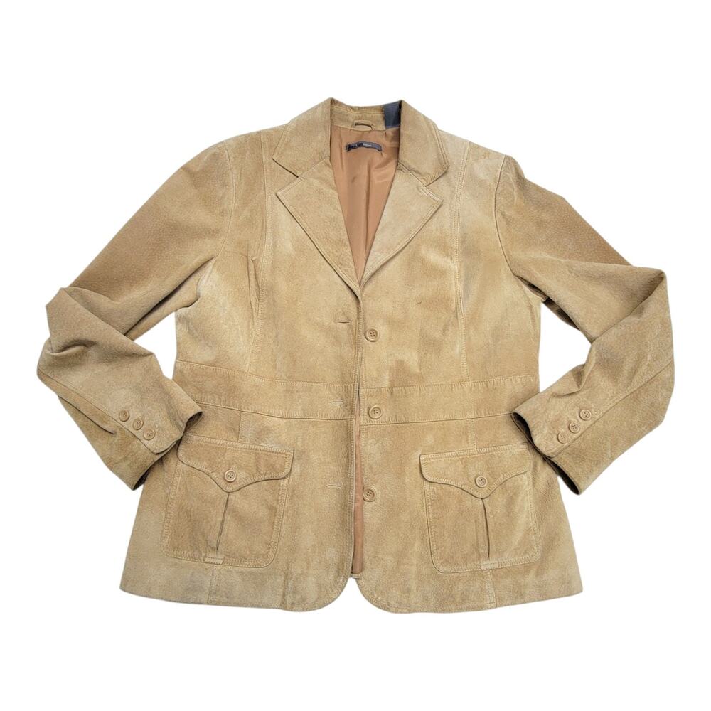 Liz Claiborne Womens XL Tan Suede Leather Blazer Jacket 3-Button Cargo Safari